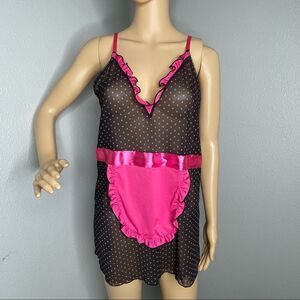 Seven Til Midnight Black with Pink Polkadot And Ribbon Maid Apron One Size Queen